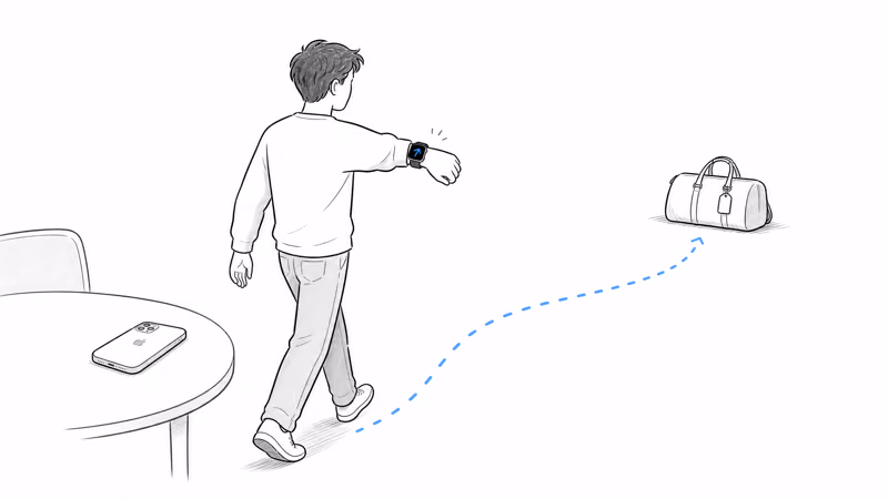 Person following the Apple Watch Precision Finding arrow to a tagged bag in real life