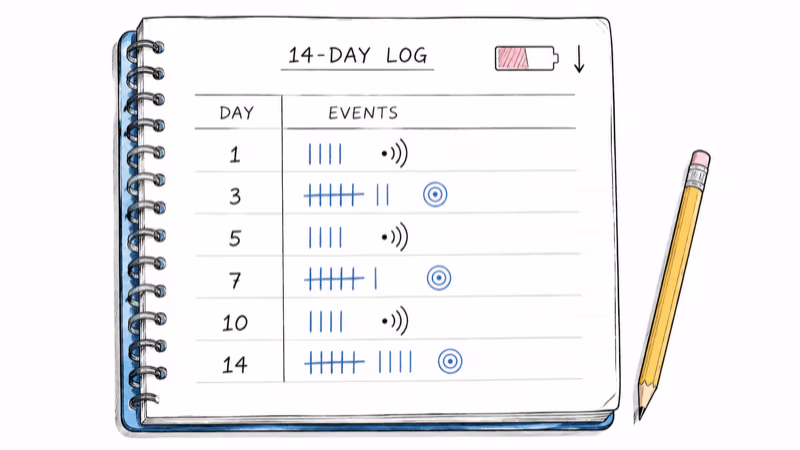 Sample 14-day AirTag 2 diagnostic logbook with tally marks for Play Sound and Precision Finding events