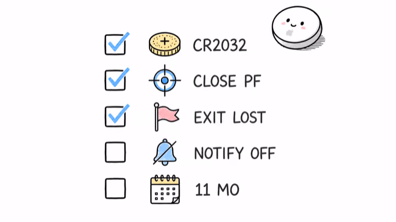 Five-step AirTag 2 battery drain fix checklist with CR2032 swap, close Precision Finding, exit Lost Mode, Notify toggle, and 11-month replacement reminder