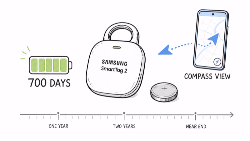 Samsung SmartTag 2 with a near-full battery gauge marked 700 days and a Galaxy Compass View arrow pointing to it