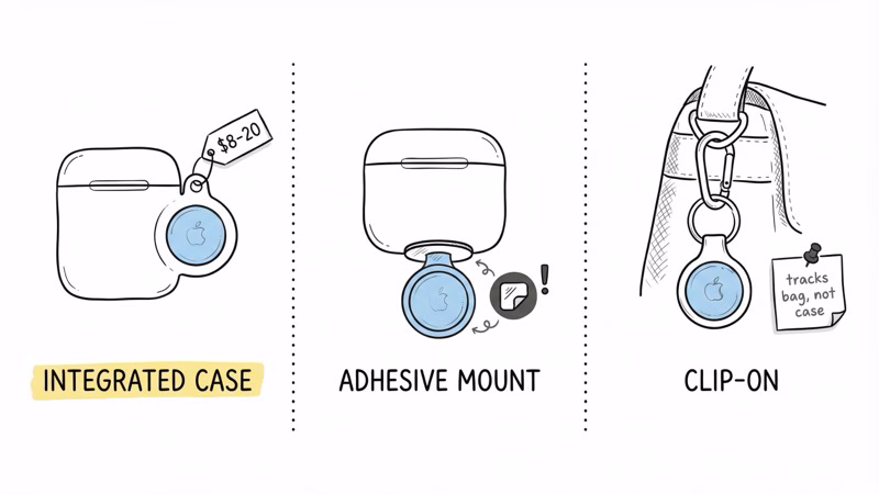Three AirTag attachment methods for AirPods cases compared side by side