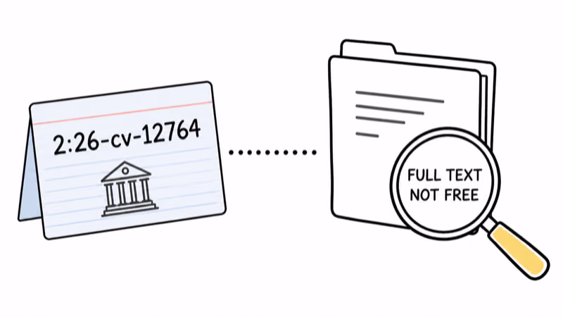Public case number card beside a closed full-text court record folder