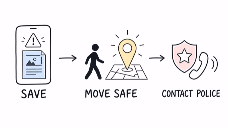 Safe response flow from saving an alert to moving to safety and contacting police