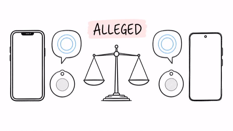 Two phone platforms and circular trackers balanced around an alleged legal claim