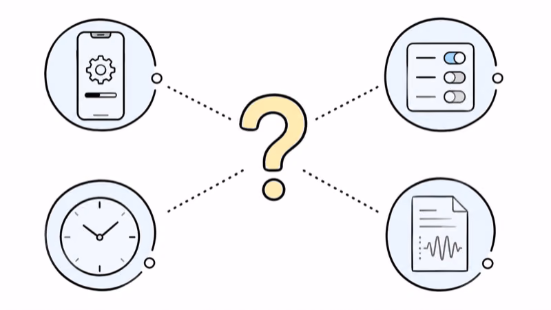 Unresolved software settings timing and device log nodes around a question mark