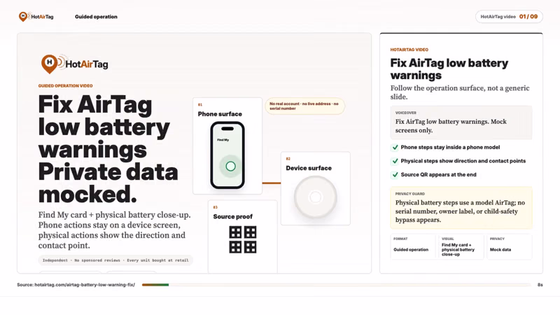 Watch: a guided battery check for the AirTag Low Battery warning, using privacy-safe mocked screens