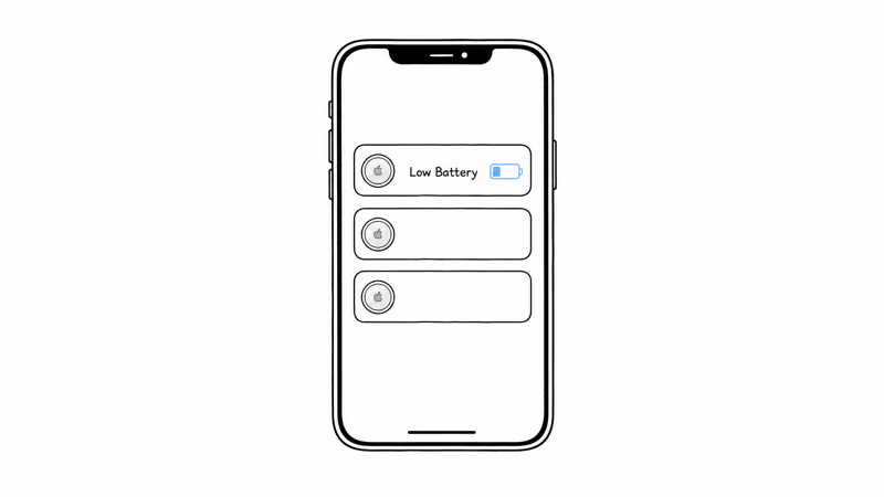 iPhone Find My app showing AirTag Low Battery notification overlay on item list