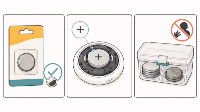 Three-panel AirTag battery safety illustration showing compatible packaging, positive-side-up installation, and child-resistant storage