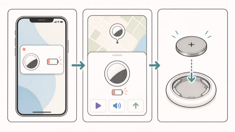 Three-panel AirTag low-battery action path showing the iPhone warning, Find My item status, and CR2032 replacement
