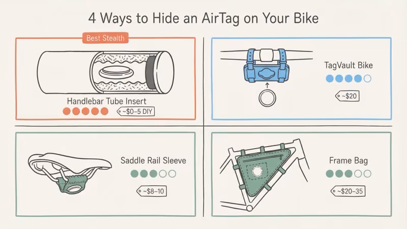 Four AirTag bike mount options compared including handlebar insert and TagVault