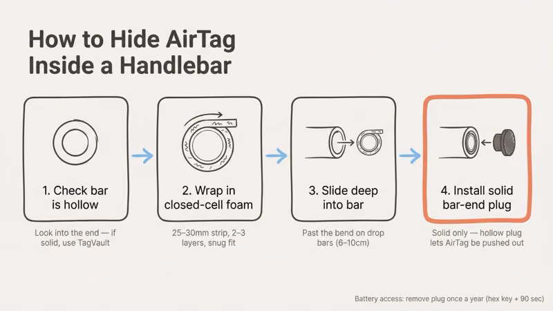 Step-by-step handlebar AirTag installation with foam wrap and bar-end plug