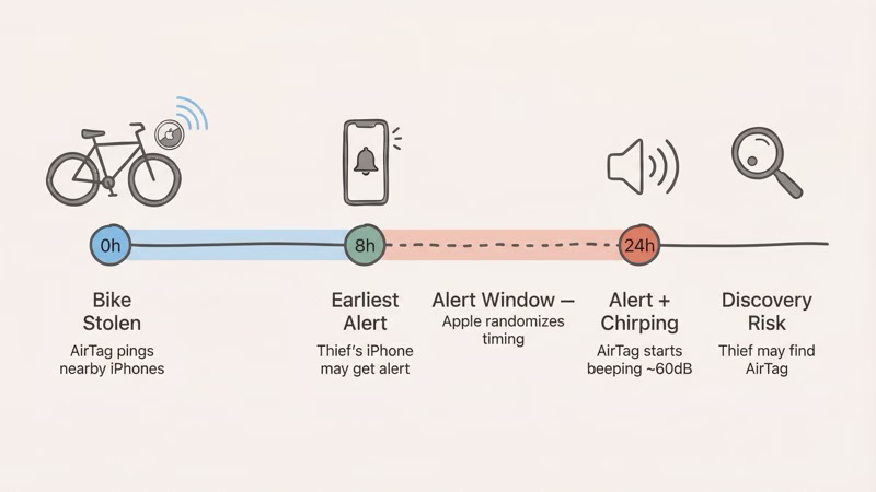 Timeline showing AirTag anti-stalking alert triggers from 8 to 24 hours