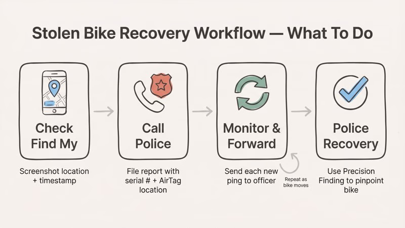 Step-by-step stolen bike recovery workflow using AirTag location data