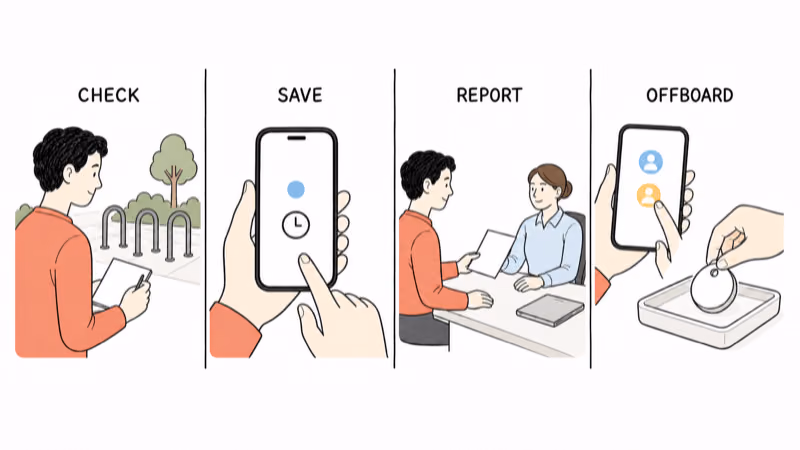 Hand-drawn illustration of checking a missing bike, saving a conditional observation, reporting safely, and later removing access