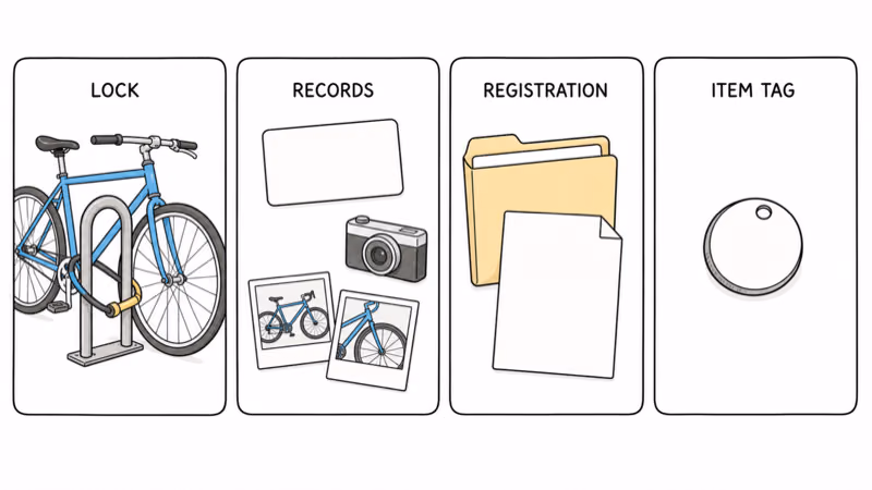 Hand-drawn illustration of a locked bicycle, private records, registration materials, and an item tag as one limited layer