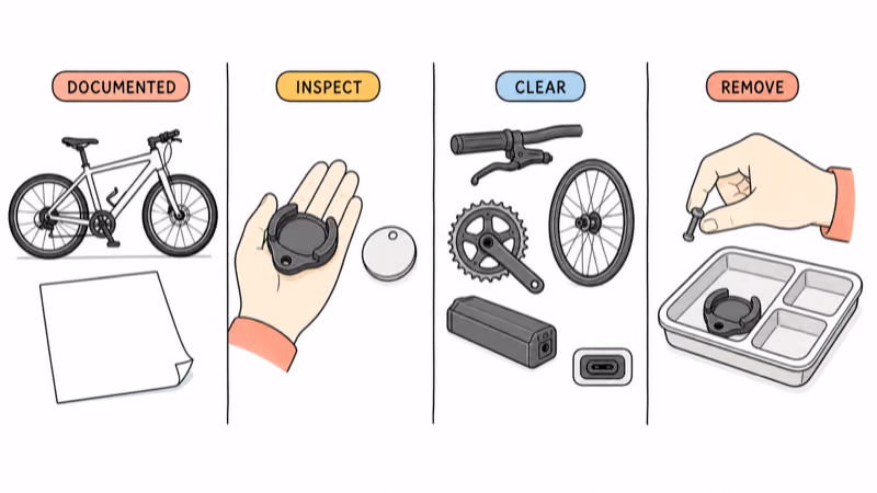 Hand-drawn illustration of a documented removable item-tag holder, inspection, bicycle-part clearance, and serviceable removal