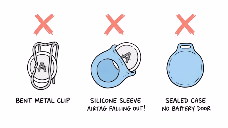 Three common AirTag holder failures: bent metal clip, loose silicone sleeve, sealed battery door