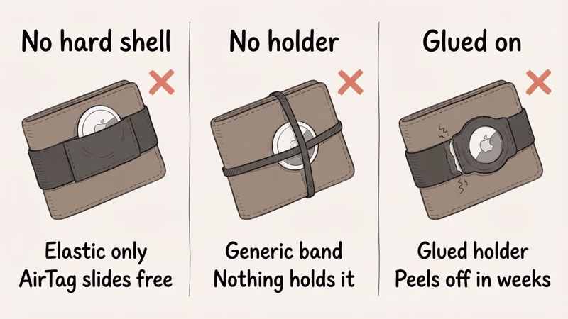 Common AirTag cash strap failures including loose elastic and glued holders
