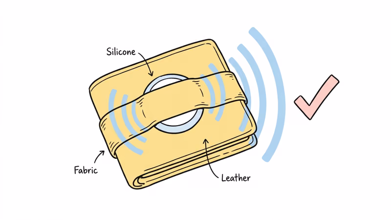 AirTag Bluetooth signal waves passing through wallet strap materials unblocked