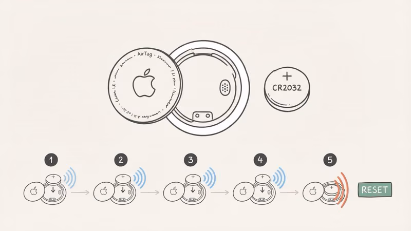 AirTag manual reset process showing CR2032 battery removal and five-press reset sequence