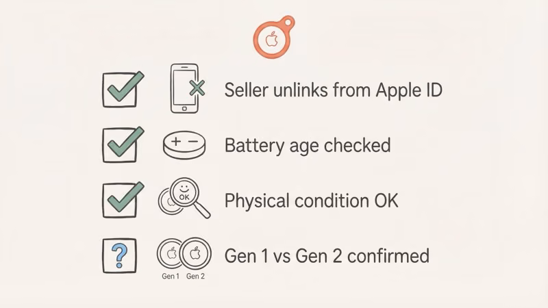 Checklist for buying a used AirTag covering battery age, physical condition, and Gen 1 vs Gen 2