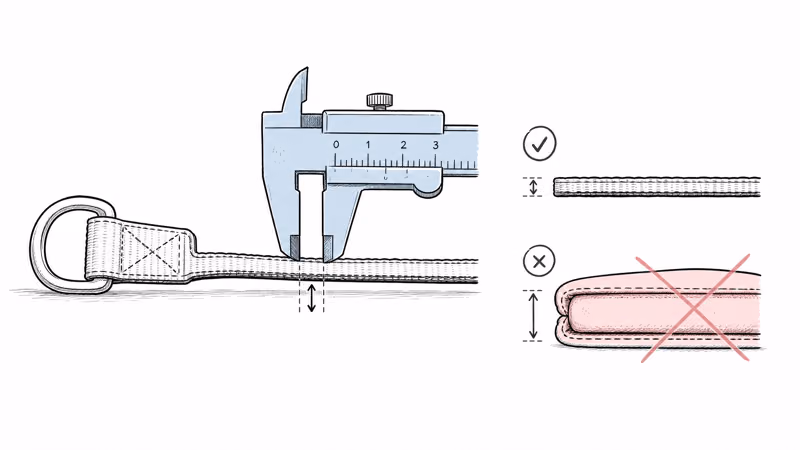 Caliper measuring the thickness of a dog collar strap against the 5mm holder fit limit