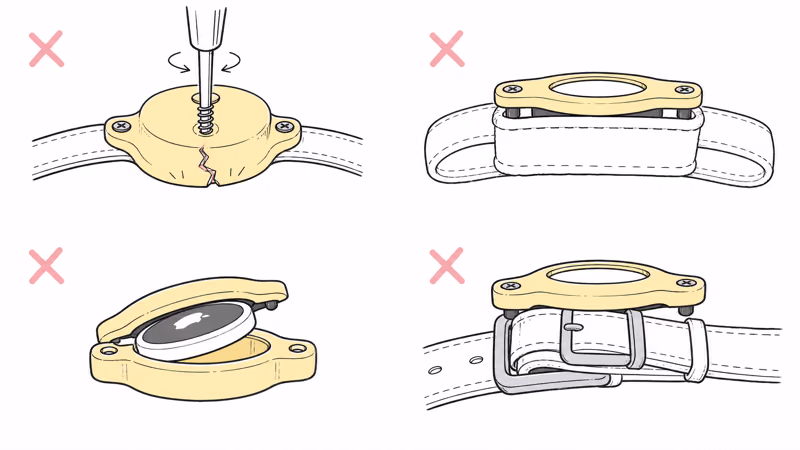 Four common AirTag collar holder mistakes: over-tightening, thick collar, tilted tag, and buckle placement