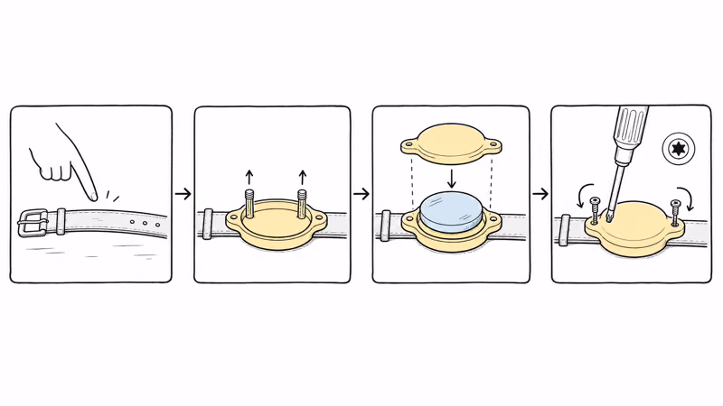 Step-by-step diagram of positioning an AirTag holder and driving Torx screws through a dog collar