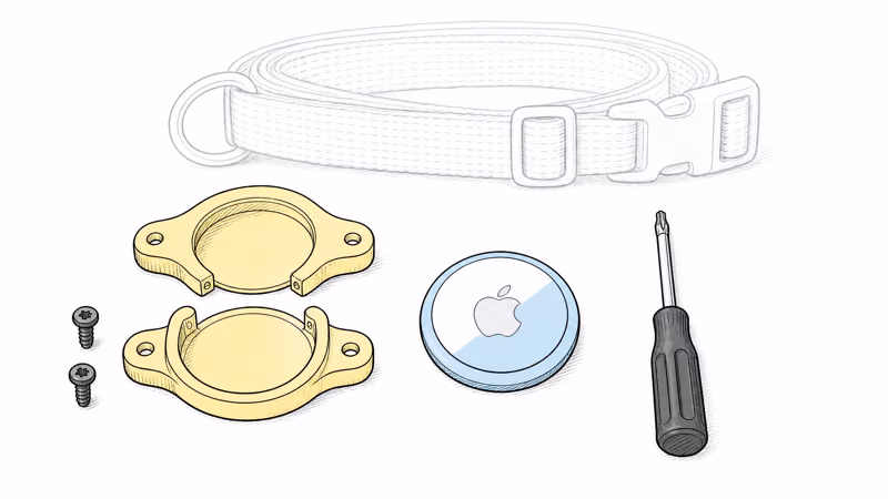 Flat-lay of an AirTag dog collar holder, an AirTag, a T10 Torx driver, and a nylon collar