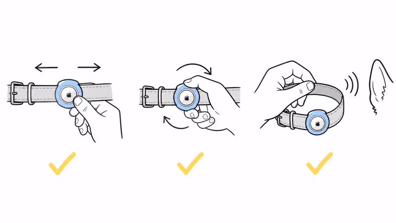 Three checks for a secure AirTag collar holder: tug test, rotation test, and rattle listening check