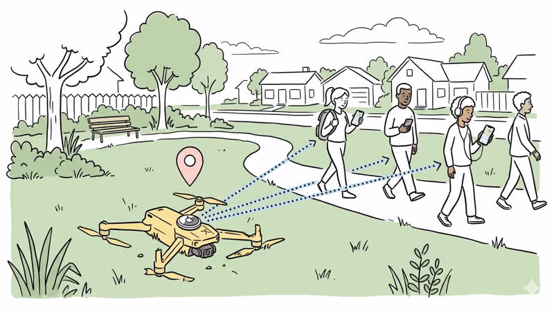 Drone with AirTag detected by Find My network via nearby iPhone users in a park