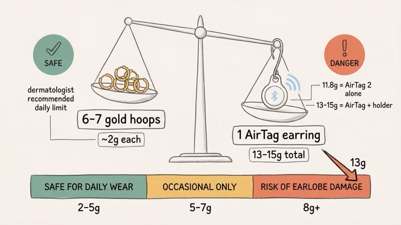 Weight comparison scale showing AirTag earring at 13-15g versus safe earring weight of 2-5g