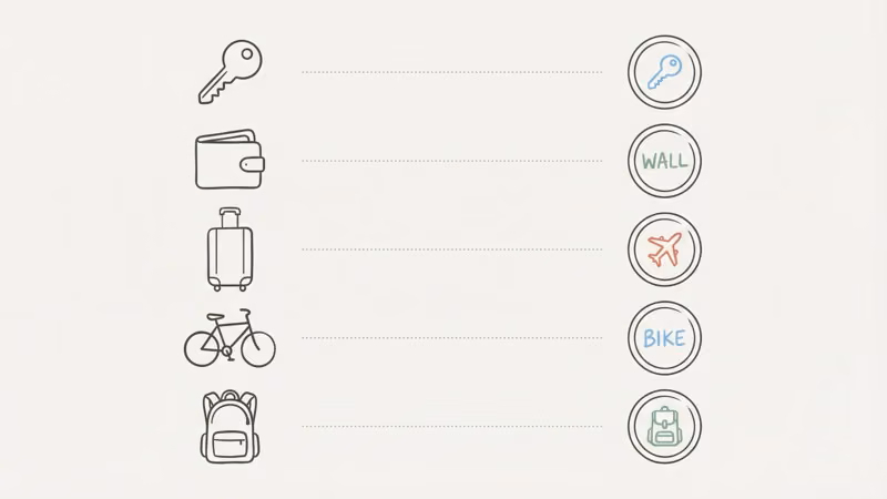 Practical AirTag engravings organized by item type including keys, wallet, and luggage
