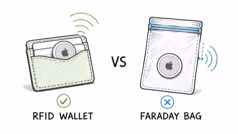 RFID wallet lets an AirTag Bluetooth signal through while a Faraday bag blocks it