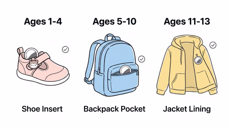 AirTag placement options for toddler shoes, elementary backpacks, and tween jackets