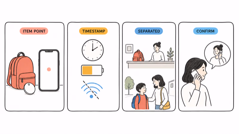 Hand-drawn illustration of a conditional timestamped backpack observation separated from the child and confirmed by people