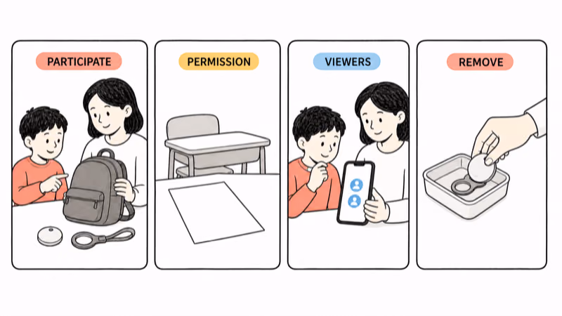 Hand-drawn illustration of child participation, setting permission, limited adult viewers, and removable backpack item setup