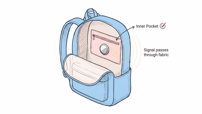 Cutaway view of school backpack showing ideal AirTag placement in inner pocket