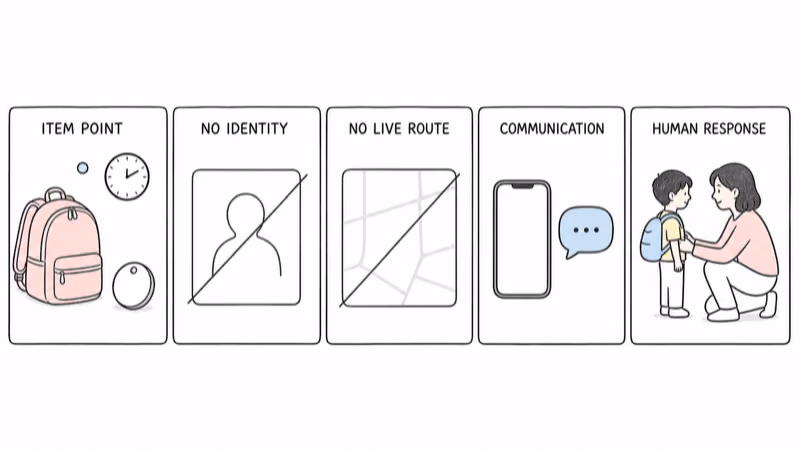 Hand-drawn item-boundary illustration separating a backpack observation from identity, a live route, communication, and human response