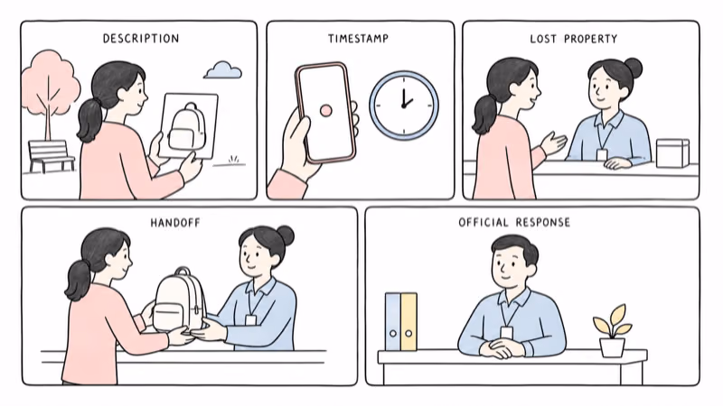 Hand-drawn illustration separating a backpack description, timestamp, school lost-property desk, handoff, and official response