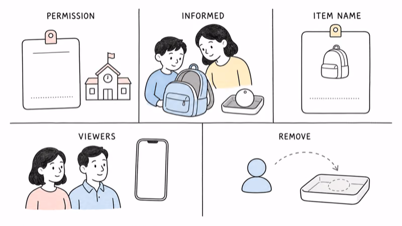 Hand-drawn illustration of school permission, an informed child, backpack-based naming, limited adult viewers, and removable access