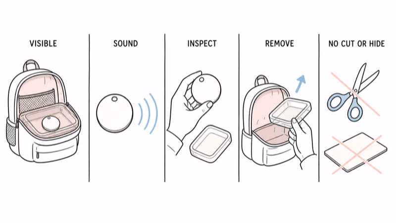 Hand-drawn illustration of a visible serviceable item-finder tray that preserves sound, inspection, and removal without cutting or hiding