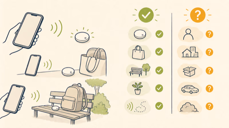 Calm illustration separating what an AirTag moving-with-you alert shows from what it can't determine