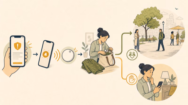 Protective response illustration showing a phone alert, supported locate tools, a belongings check, and a safe public place