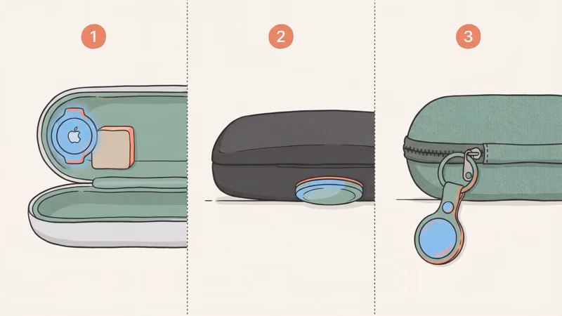 Three-panel diagram showing three ways to attach an AirTag to a glasses case