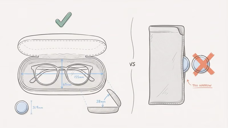 Cross-section diagram showing AirTag dimensions fitting inside a standard hard-shell glasses case versus not fitting in a thin fabric sleeve