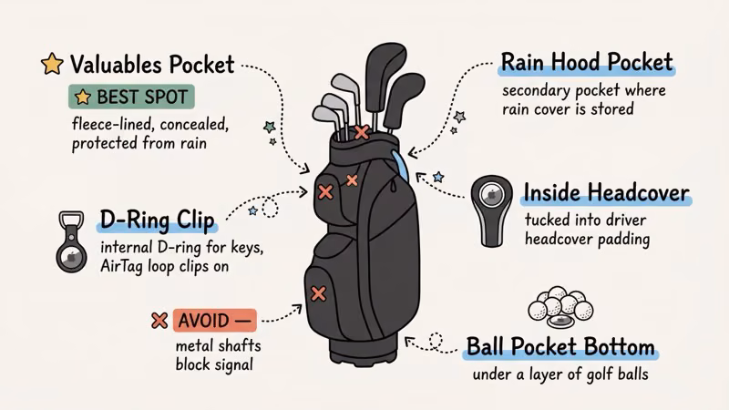 Best AirTag hiding spots in a golf bag including valuables pocket and rain hood storage