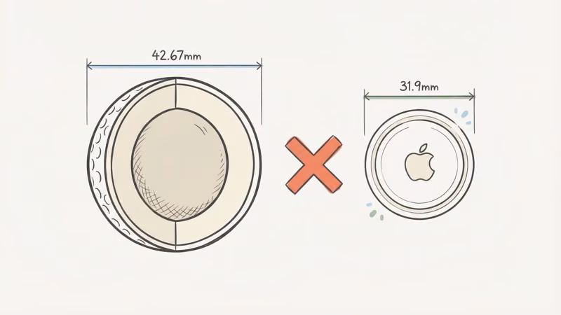Cross-section view of a golf ball showing solid rubber core with no cavity for an AirTag