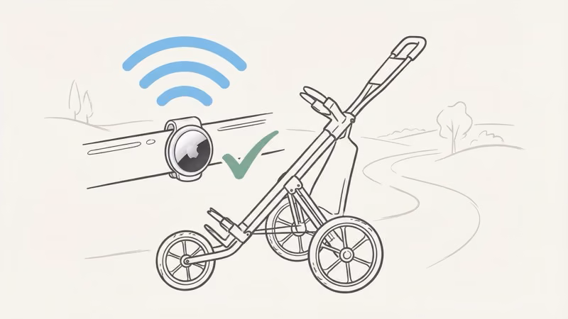 AirTag mounted on a golf push cart frame with a TagVault clip for secure tracking