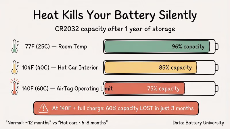 CR2032 battery capacity degradation chart at different temperature levels